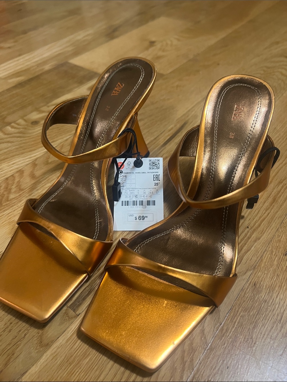 ZARA Metallic Copper-Orange Square-Toe Heeled Sandals